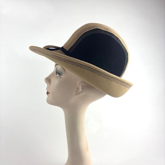 Vintage 60s Mod Fedora Womens Nadelle Beige Black Colorblock Furfelt Hat main image 14